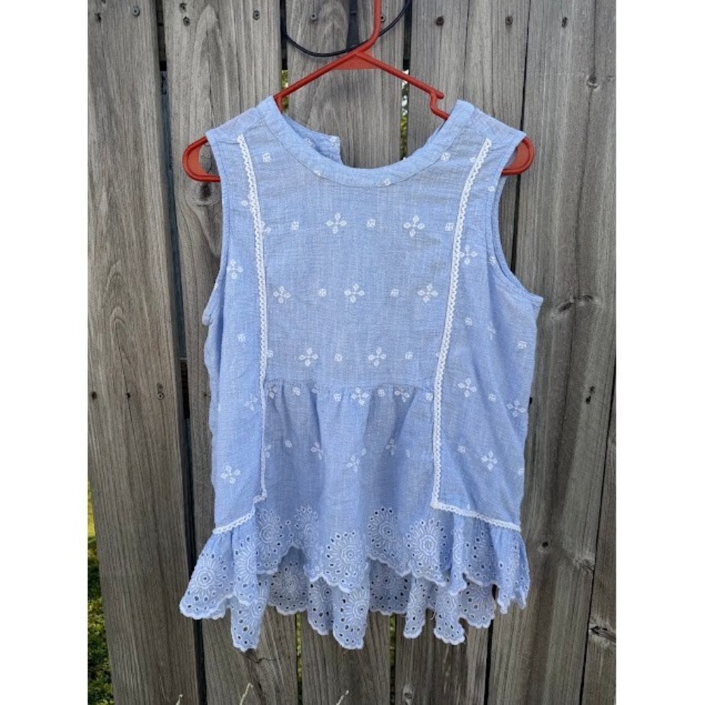 Cottagecore Boho LifeStyle Top XL Blue Embroidered Eyelet Lace Ruffle Sleeveless